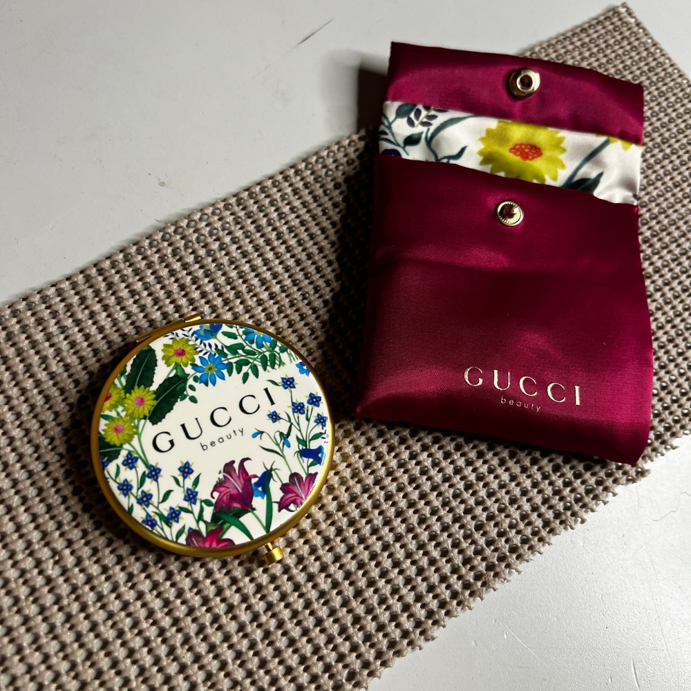Gucci Beauty Floral Compact Mirror Gold Tone with Burgundy Satin Pouch Case